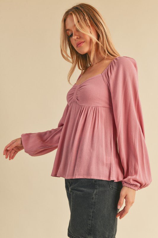 Aemi + Co Ruched Sweetheart Neck Balloon Sleeve Blouse - Bitsy Gypsy Boutique