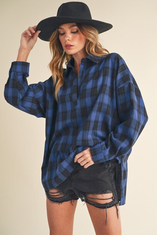 Aemi + Co Side Slit High - Low Plaid Long Sleeve Polo Shirt - Bitsy Gypsy Boutique