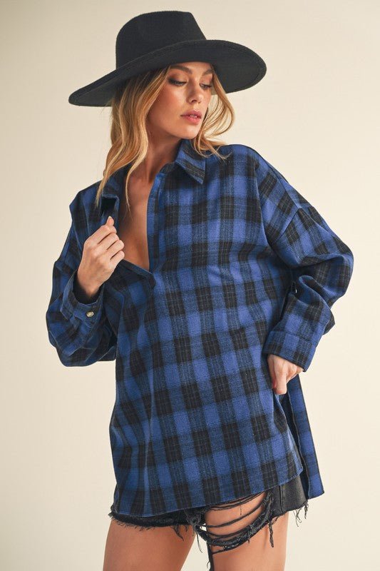 Aemi + Co Side Slit High - Low Plaid Long Sleeve Polo Shirt - Bitsy Gypsy Boutique