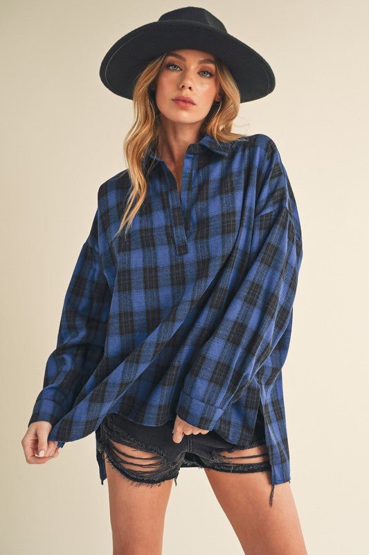 Aemi + Co Side Slit High - Low Plaid Long Sleeve Polo Shirt - Bitsy Gypsy Boutique