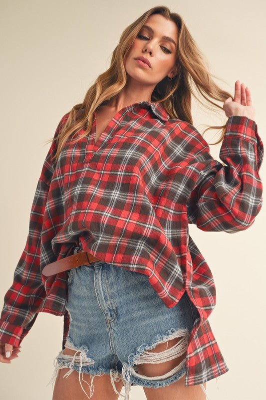 Aemi + Co Side Slit High - Low Plaid Long Sleeve Polo Shirt - Bitsy Gypsy Boutique