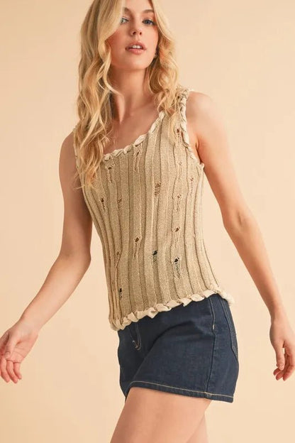 Aemi+Co Distressed Detail Round Neck Knit Tank - Bitsy Gypsy Boutique
