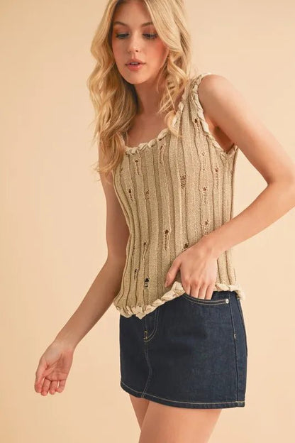 Aemi+Co Distressed Detail Round Neck Knit Tank - Bitsy Gypsy Boutique