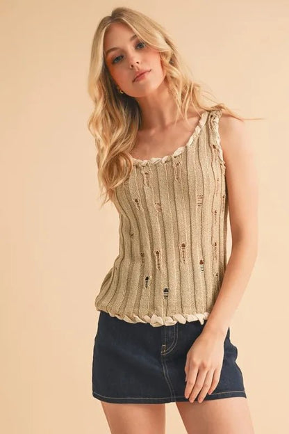 Aemi+Co Distressed Detail Round Neck Knit Tank - Bitsy Gypsy Boutique