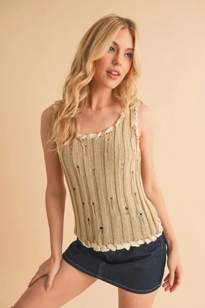 Aemi+Co Distressed Detail Round Neck Knit Tank - Bitsy Gypsy Boutique