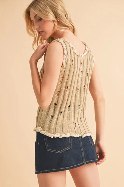 Aemi+Co Distressed Detail Round Neck Knit Tank - Bitsy Gypsy Boutique