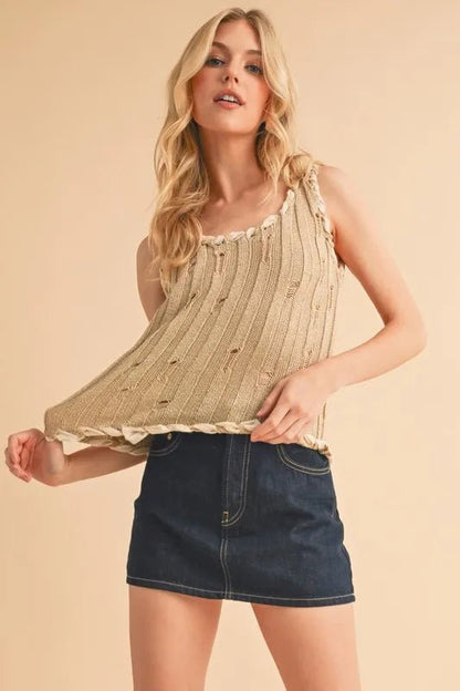 Aemi+Co Distressed Detail Round Neck Knit Tank - Bitsy Gypsy Boutique