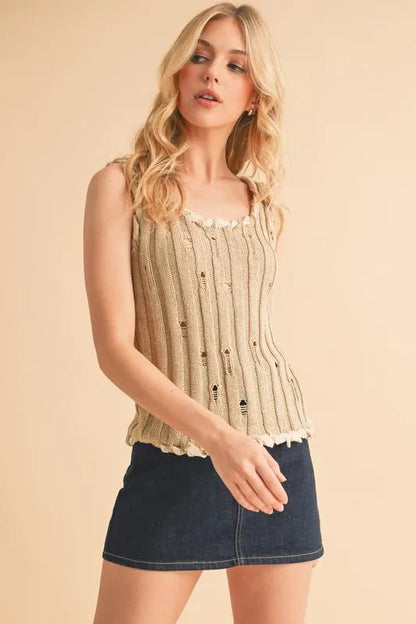 Aemi+Co Distressed Detail Round Neck Knit Tank - Bitsy Gypsy Boutique