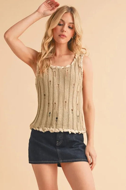 Aemi+Co Distressed Detail Round Neck Knit Tank - Bitsy Gypsy Boutique