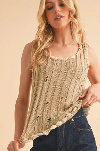 Aemi+Co Distressed Detail Round Neck Knit Tank - Bitsy Gypsy Boutique