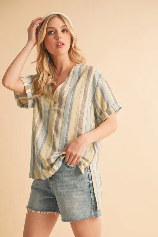 Aemi+Co Side Slit Striped Short Sleeve Blouse - Bitsy Gypsy Boutique