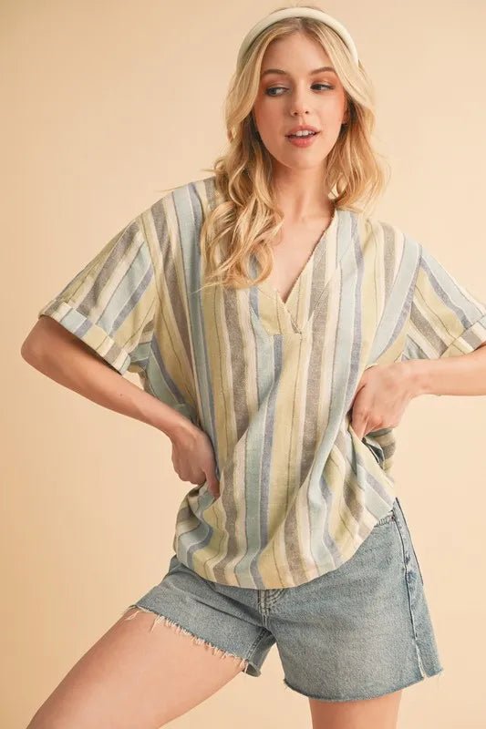 Aemi+Co Side Slit Striped Short Sleeve Blouse - Bitsy Gypsy Boutique