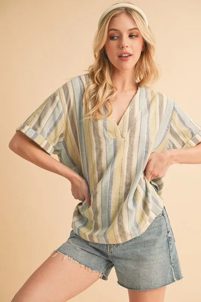Aemi+Co Side Slit Striped Short Sleeve Blouse - Bitsy Gypsy Boutique