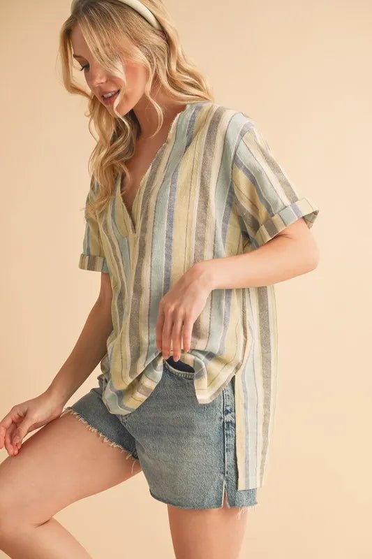 Aemi+Co Side Slit Striped Short Sleeve Blouse - Bitsy Gypsy Boutique