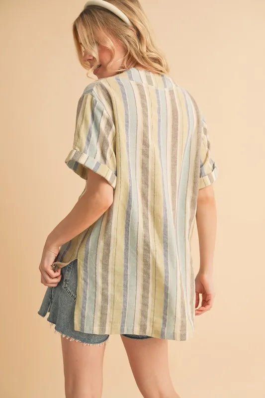 Aemi+Co Side Slit Striped Short Sleeve Blouse - Bitsy Gypsy Boutique