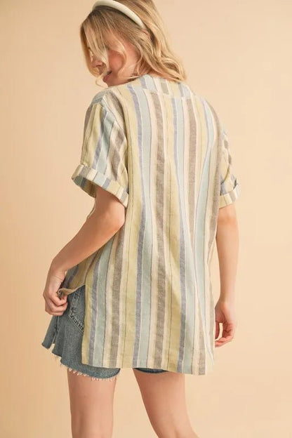 Aemi+Co Side Slit Striped Short Sleeve Blouse - Bitsy Gypsy Boutique
