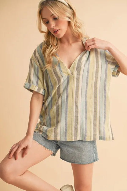 Aemi+Co Side Slit Striped Short Sleeve Blouse - Bitsy Gypsy Boutique