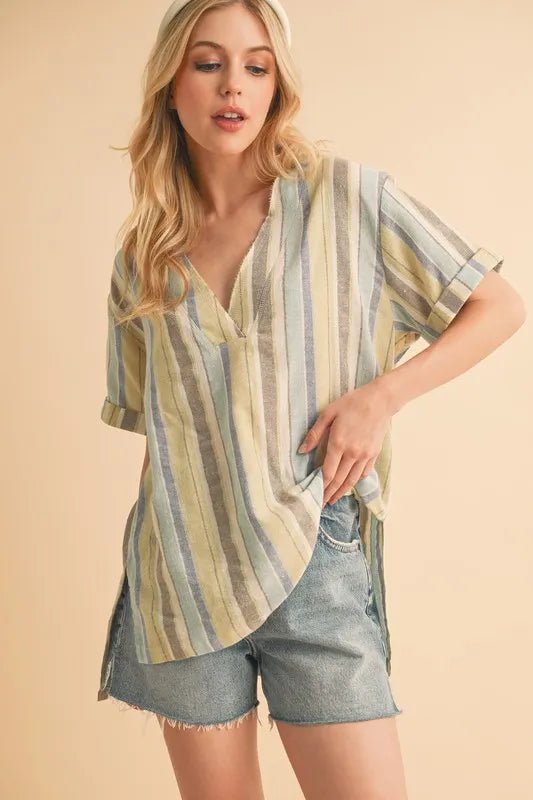 Aemi+Co Side Slit Striped Short Sleeve Blouse - Bitsy Gypsy Boutique