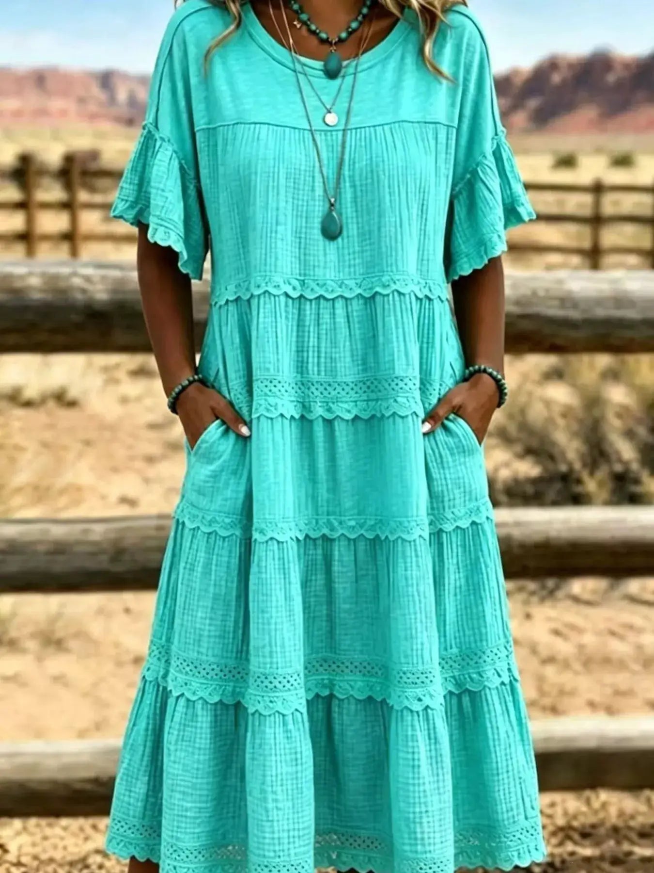 Full Size Tiered Ruffle Sleeve Midi Dress with Pockets Plus Size by Trendsi