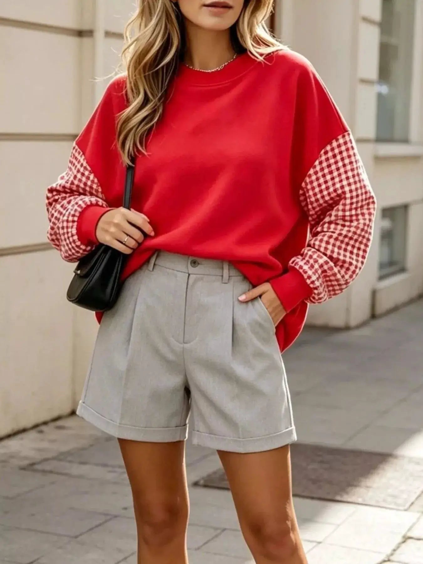Contrast Gingham Long Sleeve Sweatshirt by Trendsi