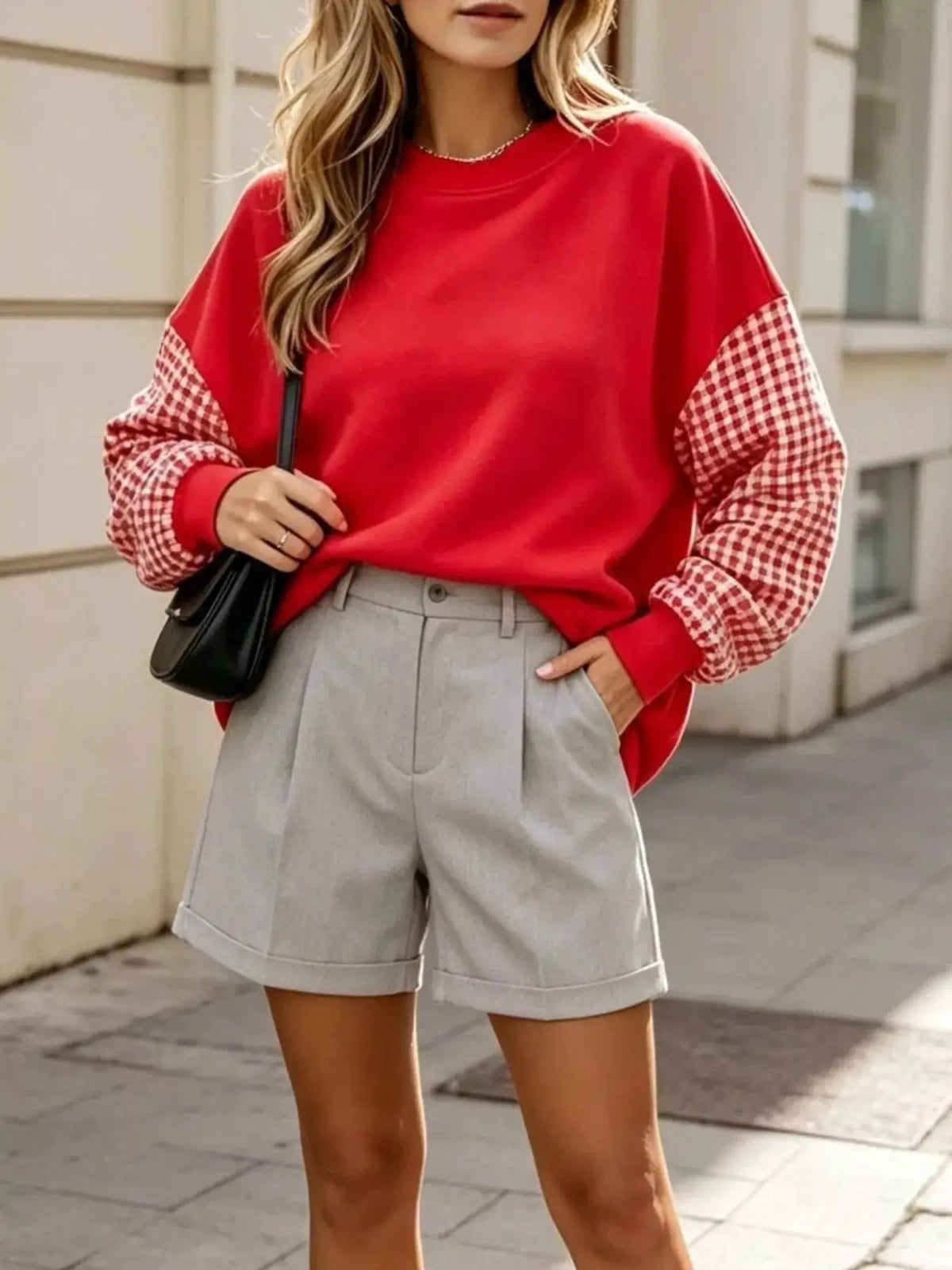 Contrast Gingham Long Sleeve Sweatshirt by Trendsi