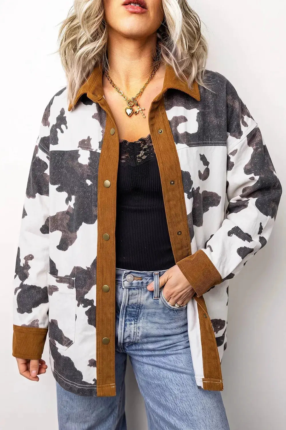Multicolour Western Cow Print Long Sleeve Button-Up Denim Jacket by Trendsi
