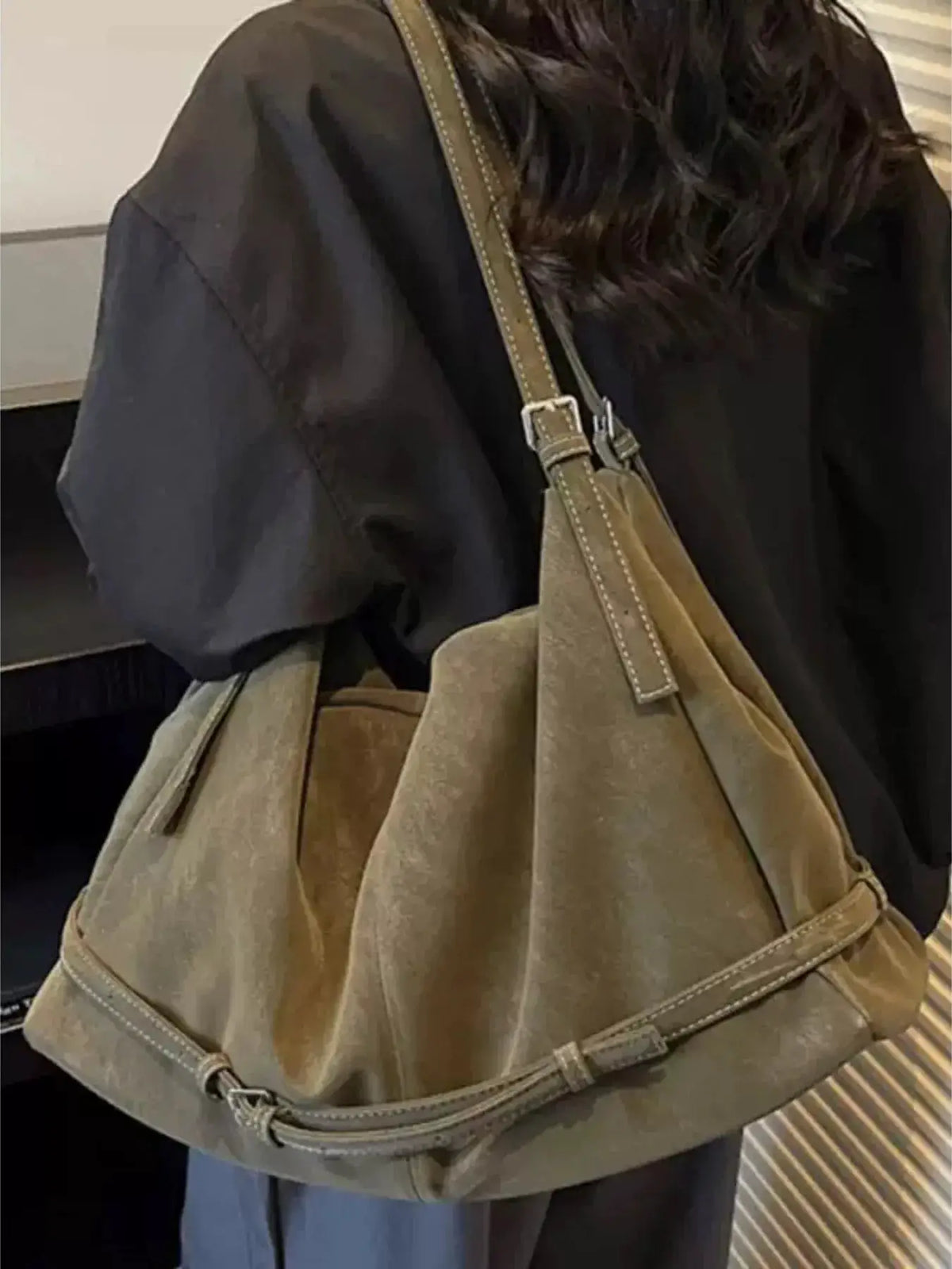 Adjustable Strap Suede Handbag by Trendsi