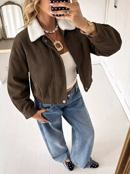 Contrast Sherpa Collar Corduroy Zip Up Jacket by Trendsi