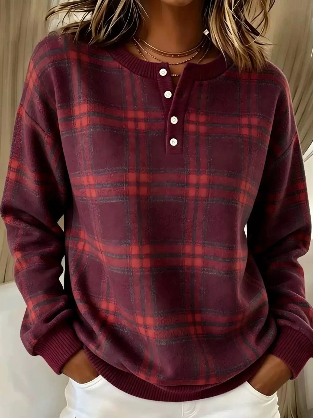 Full Size Plaid Button Detail Long Sleeve Sweatshirt Plus Size by Trendsi