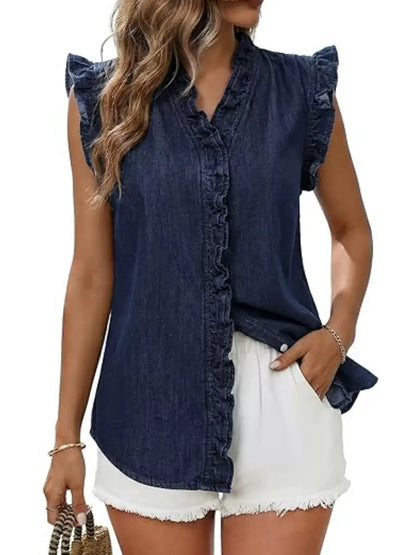 Ruffle Trim V-Neck Sleeveless Denim Top by Trendsi
