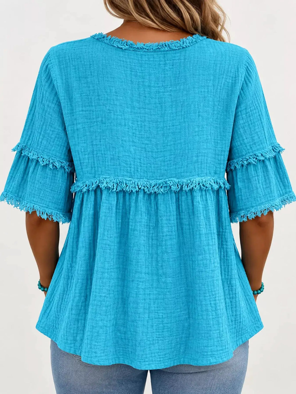Full Size Frayed Edge Textured Blouse Plus Size by Trendsi