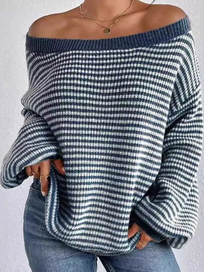 Striped Knit Boat Neck Sweater by Trendsi