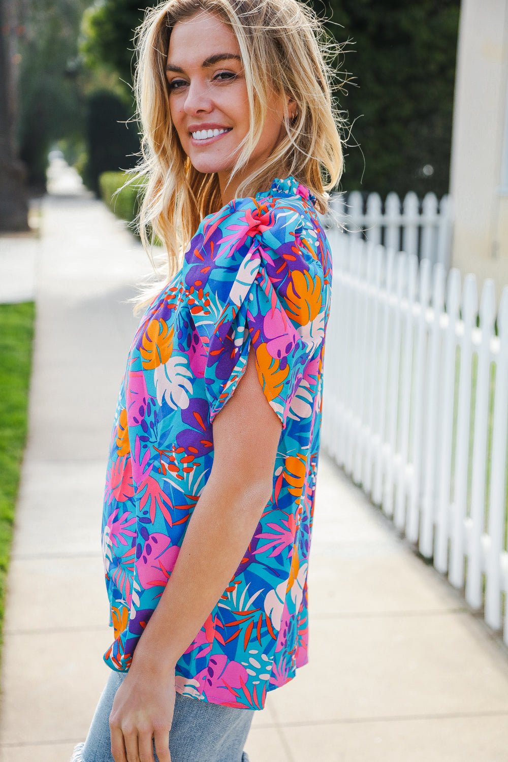 All For You Aqua Tropical Print Frill Notch Neck Puff Sleeve Top - Bitsy Gypsy Boutique