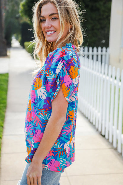 All For You Aqua Tropical Print Frill Notch Neck Puff Sleeve Top - Bitsy Gypsy Boutique