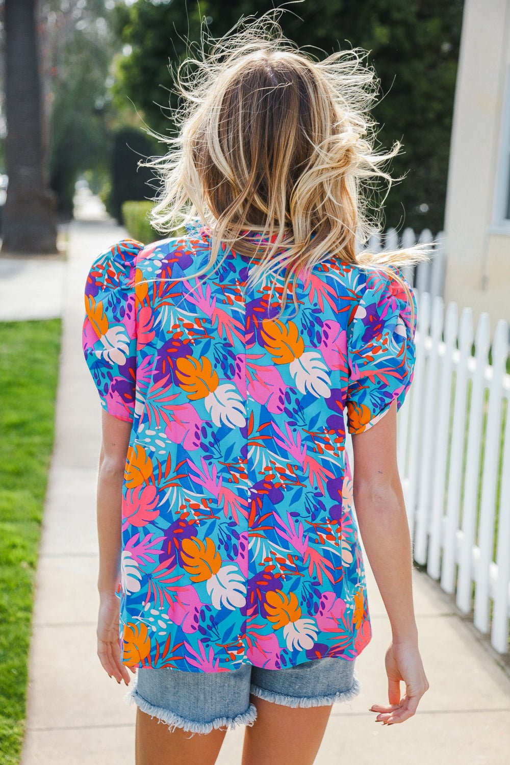 All For You Aqua Tropical Print Frill Notch Neck Puff Sleeve Top - Bitsy Gypsy Boutique