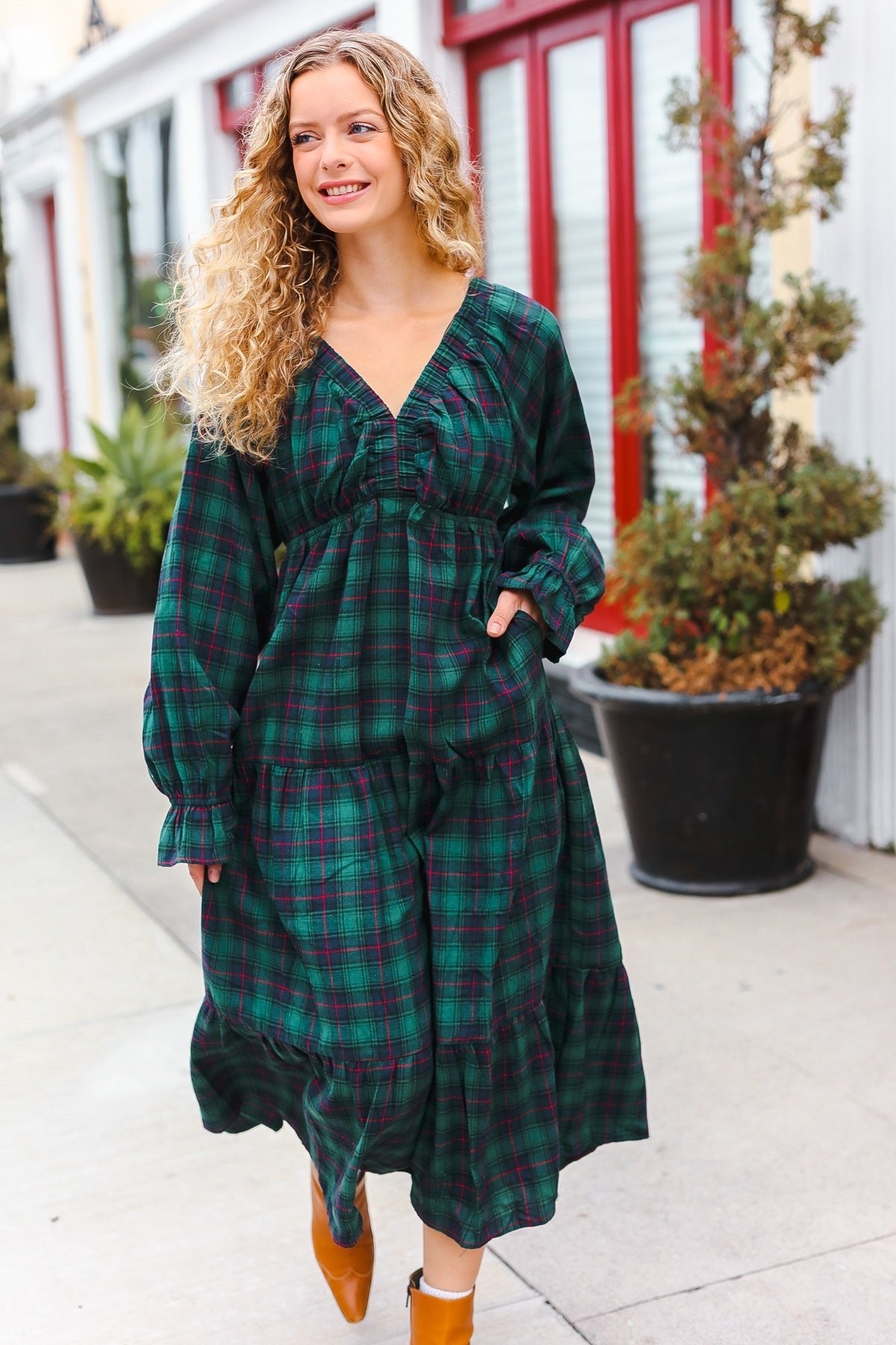 All I Want Hunter Green Plaid Elastic V Neck Tiered Maxi Dress - Bitsy Gypsy Boutique