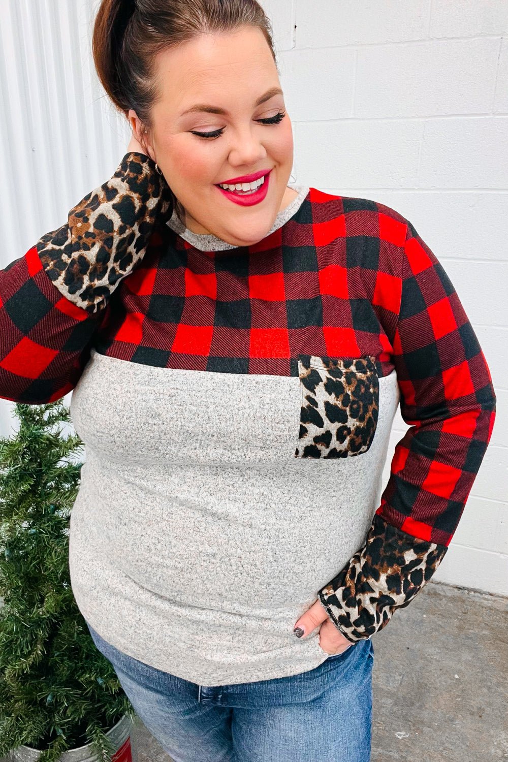 All Of Me Grey & Red Plaid Animal Print Pocketed Top - Bitsy Gypsy Boutique