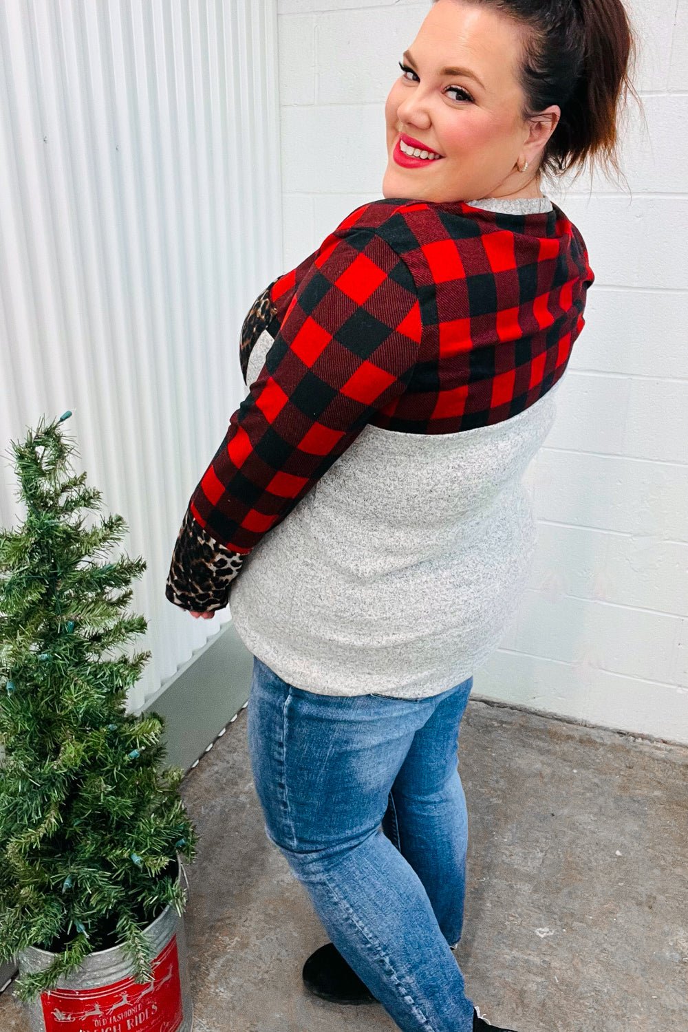 All Of Me Grey & Red Plaid Animal Print Pocketed Top - Bitsy Gypsy Boutique