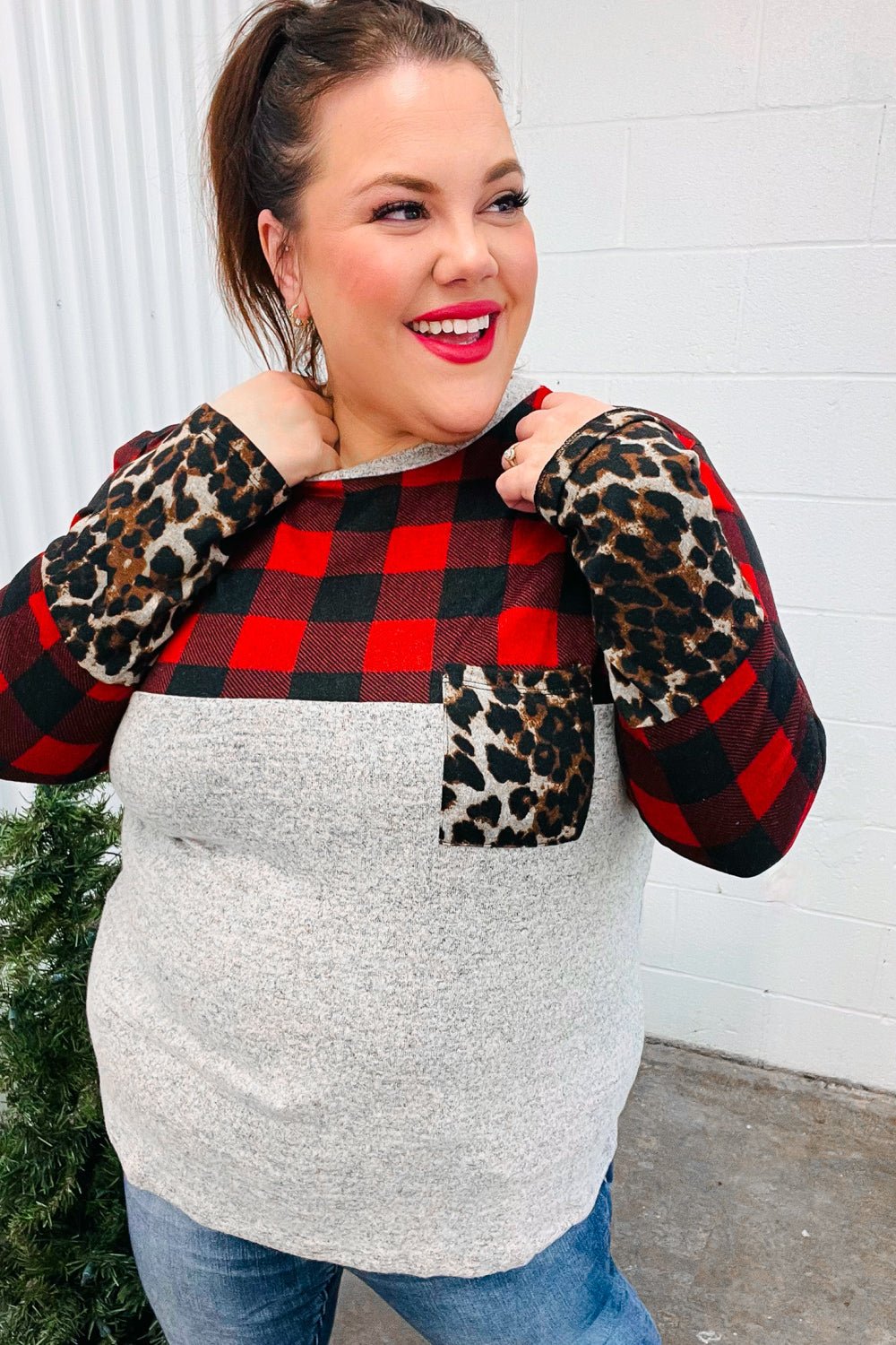 All Of Me Grey & Red Plaid Animal Print Pocketed Top - Bitsy Gypsy Boutique