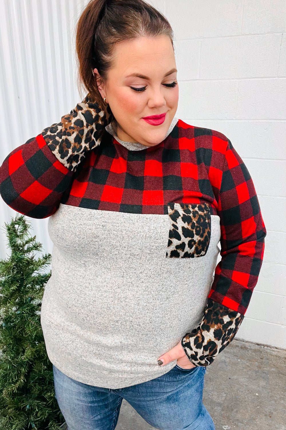 All Of Me Grey & Red Plaid Animal Print Pocketed Top - Bitsy Gypsy Boutique