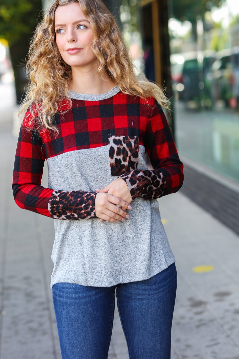 All Of Me Grey & Red Plaid Animal Print Pocketed Top - Bitsy Gypsy Boutique