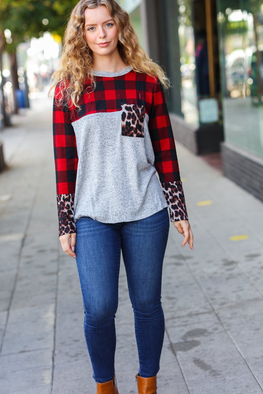 All Of Me Grey & Red Plaid Animal Print Pocketed Top - Bitsy Gypsy Boutique