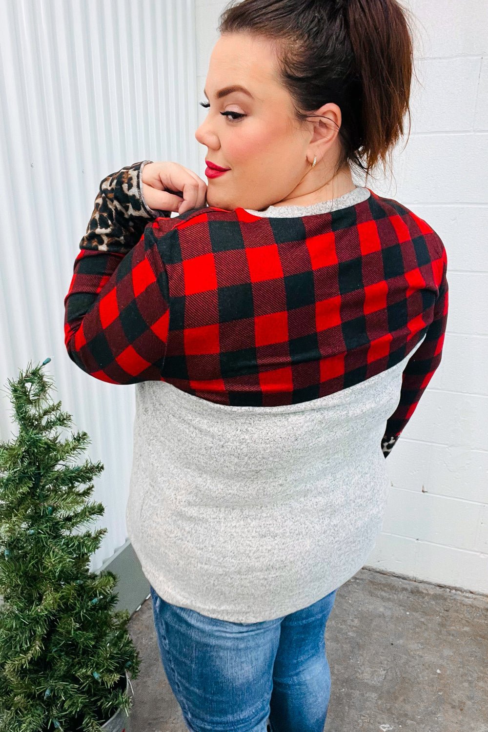 All Of Me Grey & Red Plaid Animal Print Pocketed Top - Bitsy Gypsy Boutique