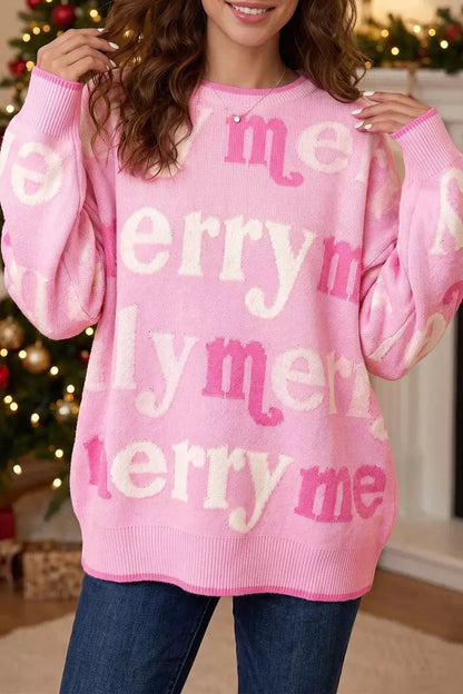All Over Merry Me Graphic Round Neck Knit Sweater - Bitsy Gypsy Boutique