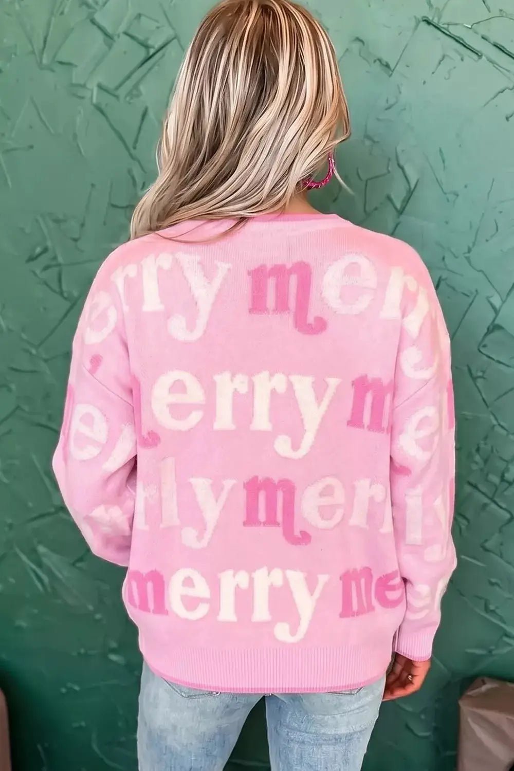 All Over Merry Me Graphic Round Neck Knit Sweater - Bitsy Gypsy Boutique