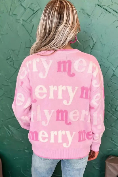 All Over Merry Me Graphic Round Neck Knit Sweater - Bitsy Gypsy Boutique