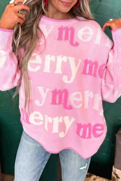 All Over Merry Me Graphic Round Neck Knit Sweater - Bitsy Gypsy Boutique