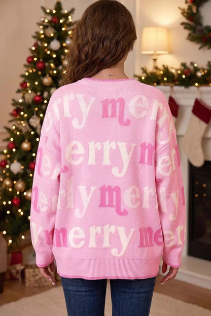 All Over Merry Me Graphic Round Neck Knit Sweater - Bitsy Gypsy Boutique