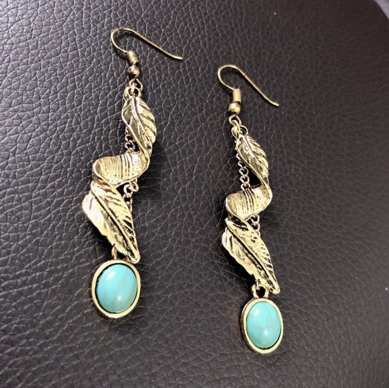 Alloy Leaf Artificial Turquoise Earrings - Bitsy Gypsy Boutique