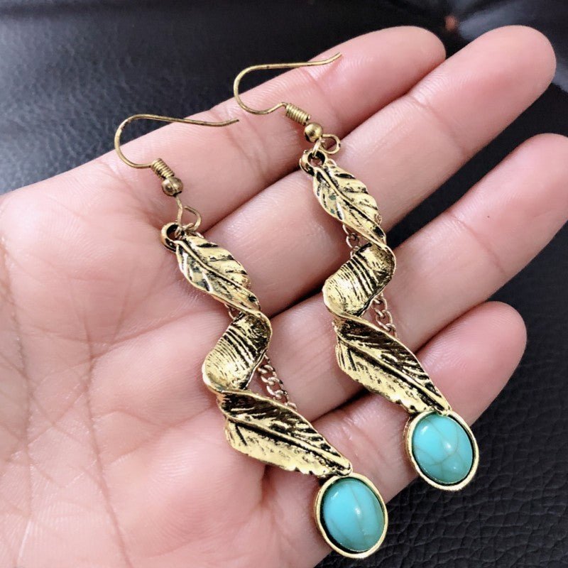 Alloy Leaf Artificial Turquoise Earrings - Bitsy Gypsy Boutique